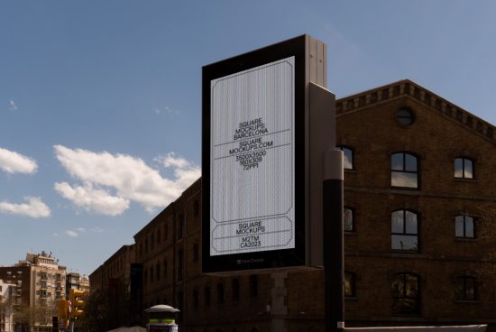 Outdoor billboard mockup in urban setting for advertising design preview, featuring clear sky and historical brick building background.